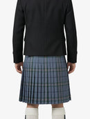 Person wearing a black jacket and blue plaid kilt on a white background