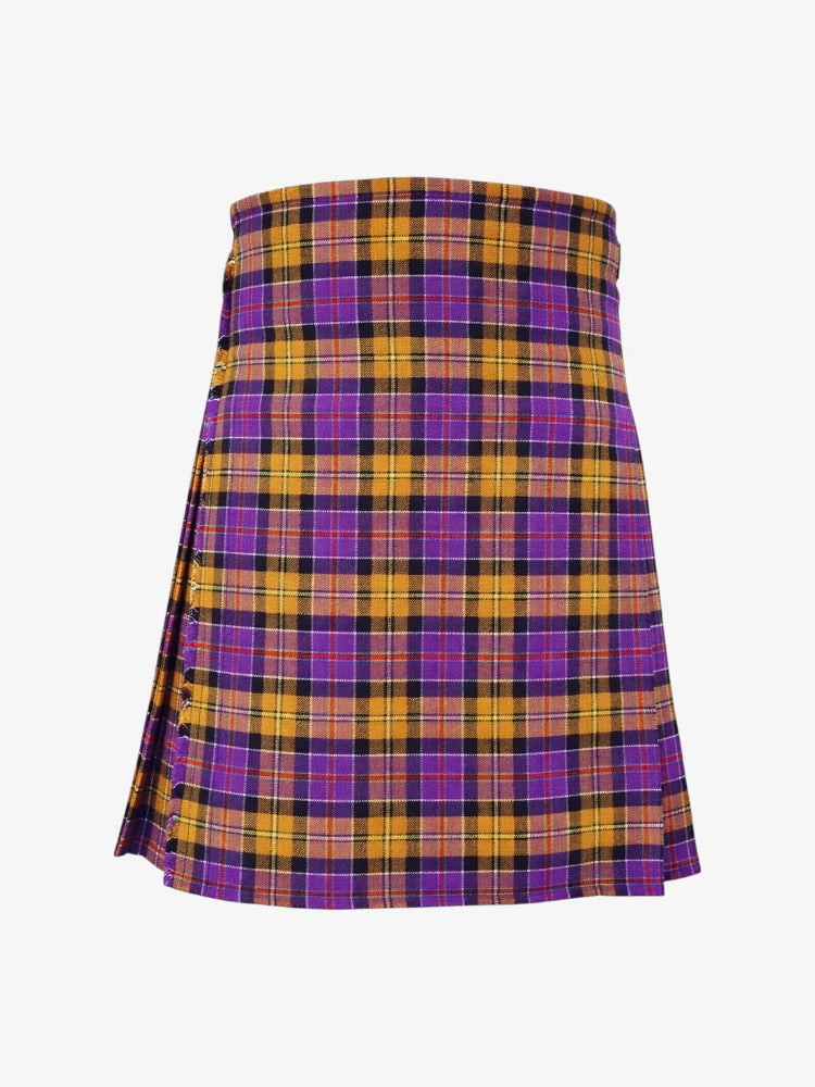 Plaid kilt with purple and yellow pattern on a white background