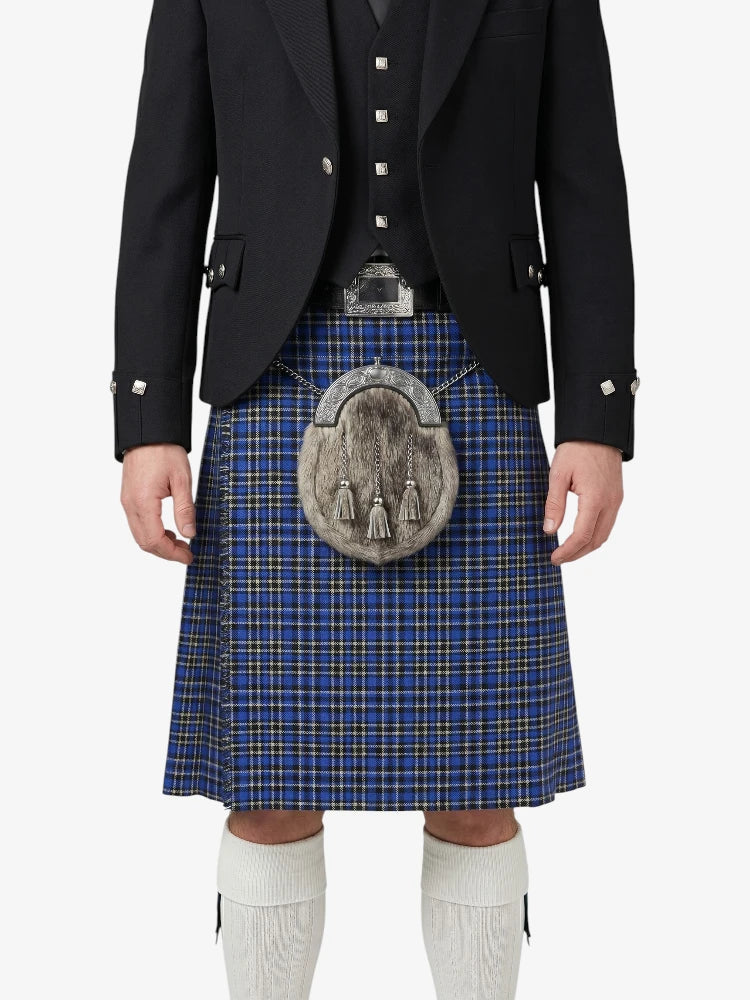 Person wearing a traditional Scottish kilt with a black jacket and white socks on a white background