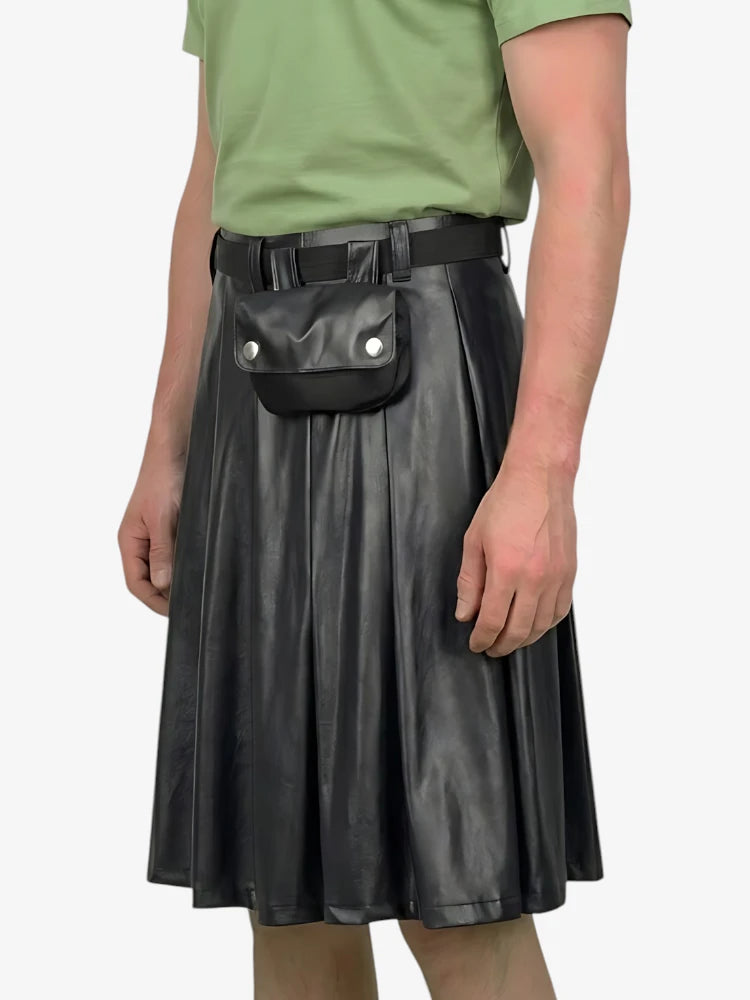 Person wearing a black leather skirt with a belt bag on a white background