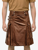 Brown leather kilt worn by a person on a white background