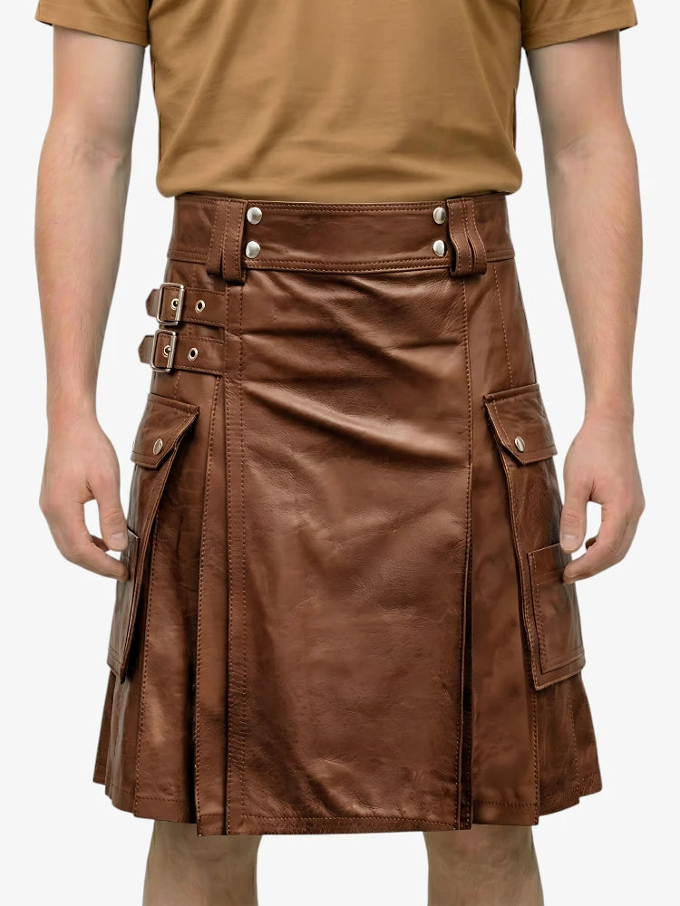 Brown leather kilt worn by a person on a white background