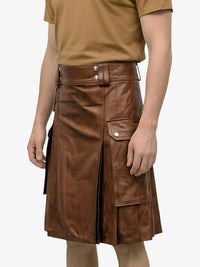 Brown leather kilt worn by a person on a white background