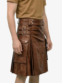 Brown leather kilt worn by a person on a white background