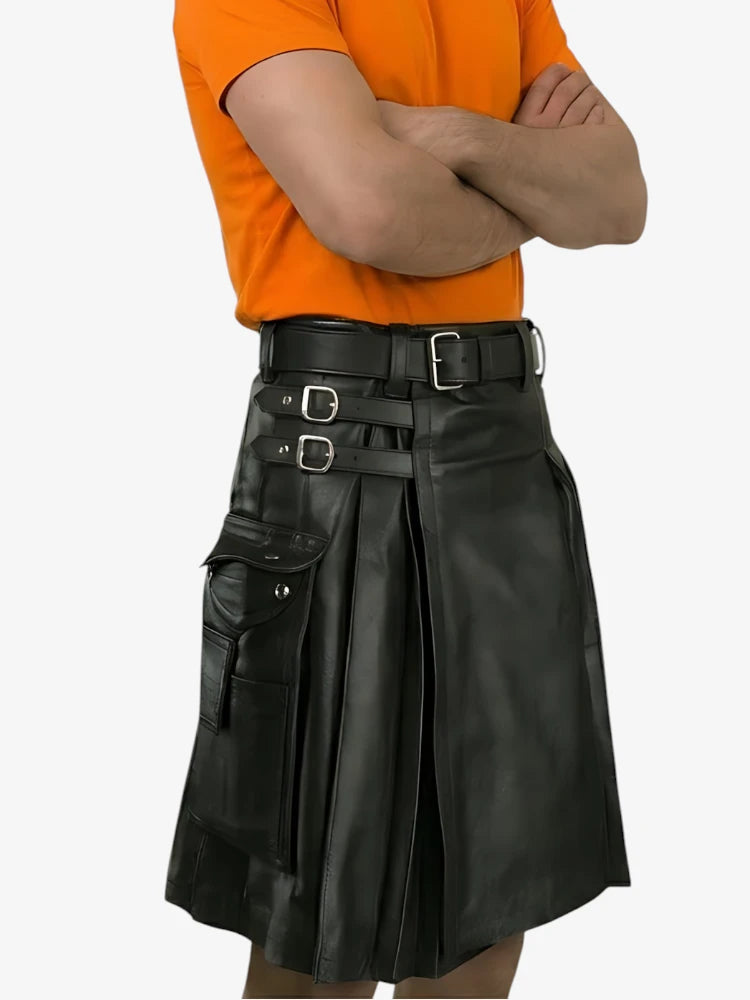 Person wearing a black leather kilt with a belt on a white background