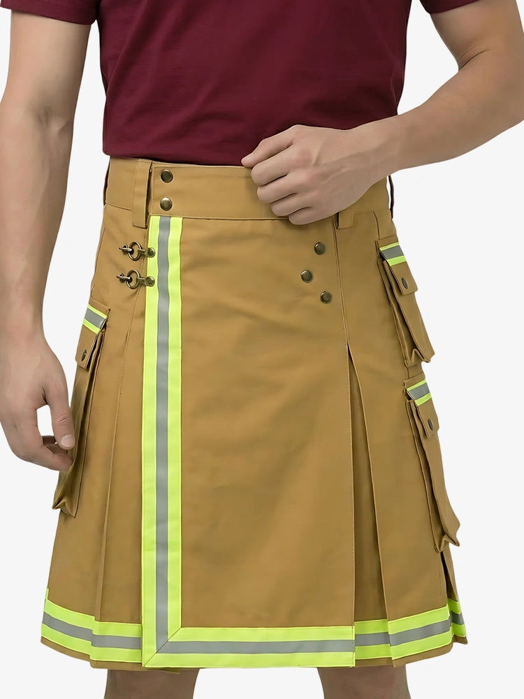 Brown kilt with reflective stripes worn by a person on a white background