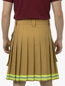 Brown pleated skirt with reflective stripes worn by a person on a white background