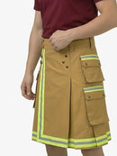 Person wearing a brown cargo skirt with reflective stripes on a white background