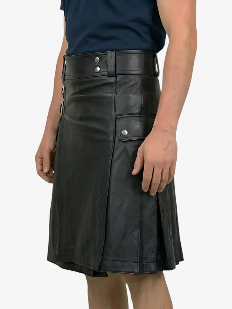 Black leather kilt worn by a person on a white background