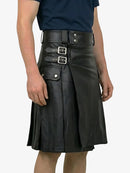 Black leather kilt worn by a person on a white background