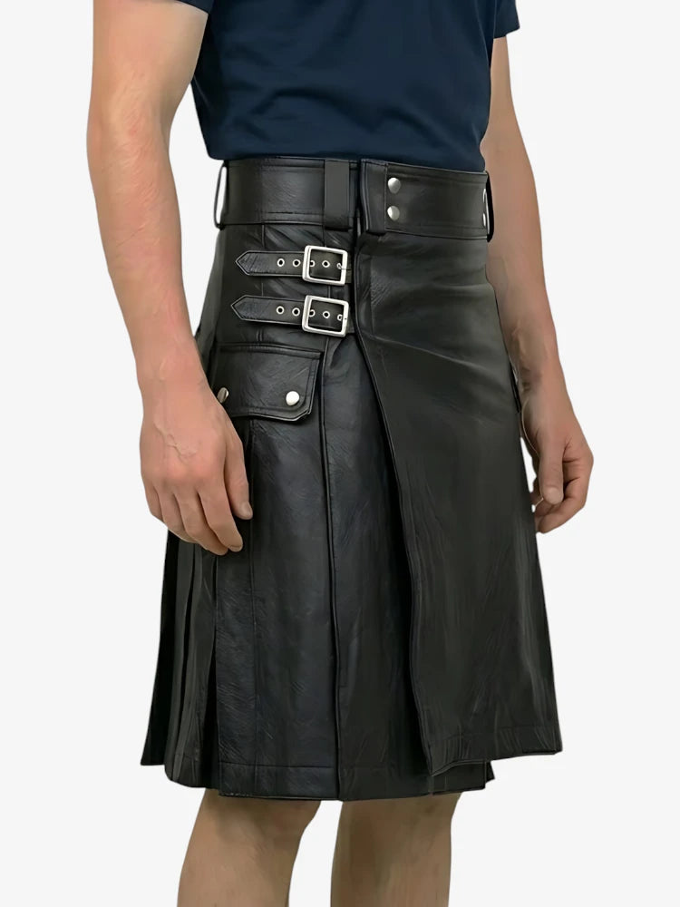 Black leather kilt worn by a person on a white background