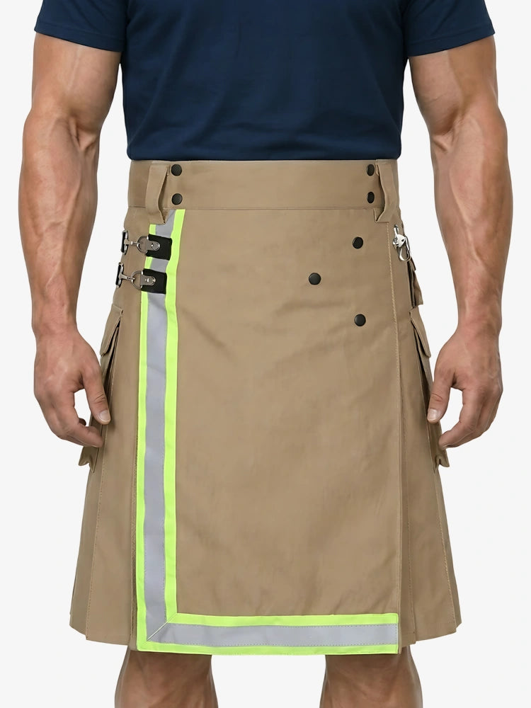 Person wearing a tan kilt with reflective green trim on a white background