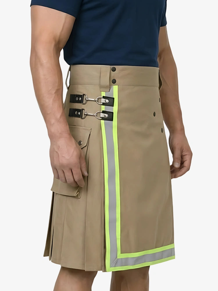 Person wearing a beige kilt with reflective stripes on a white background