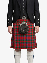 Person wearing a traditional Scottish kilt with a tartan pattern on a white background