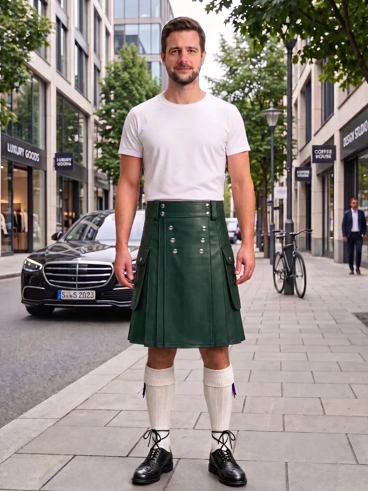 Dark Green Cow Leather Utility Kilts for Men