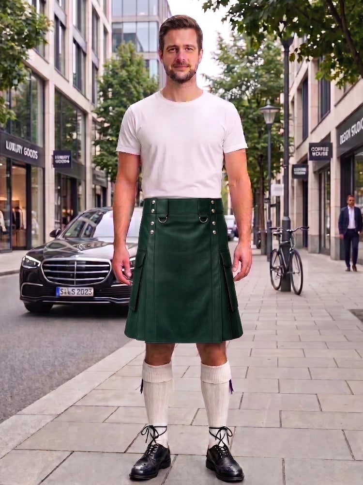 Dark Green Leather Kilt For Men Tactical Utility Kilts