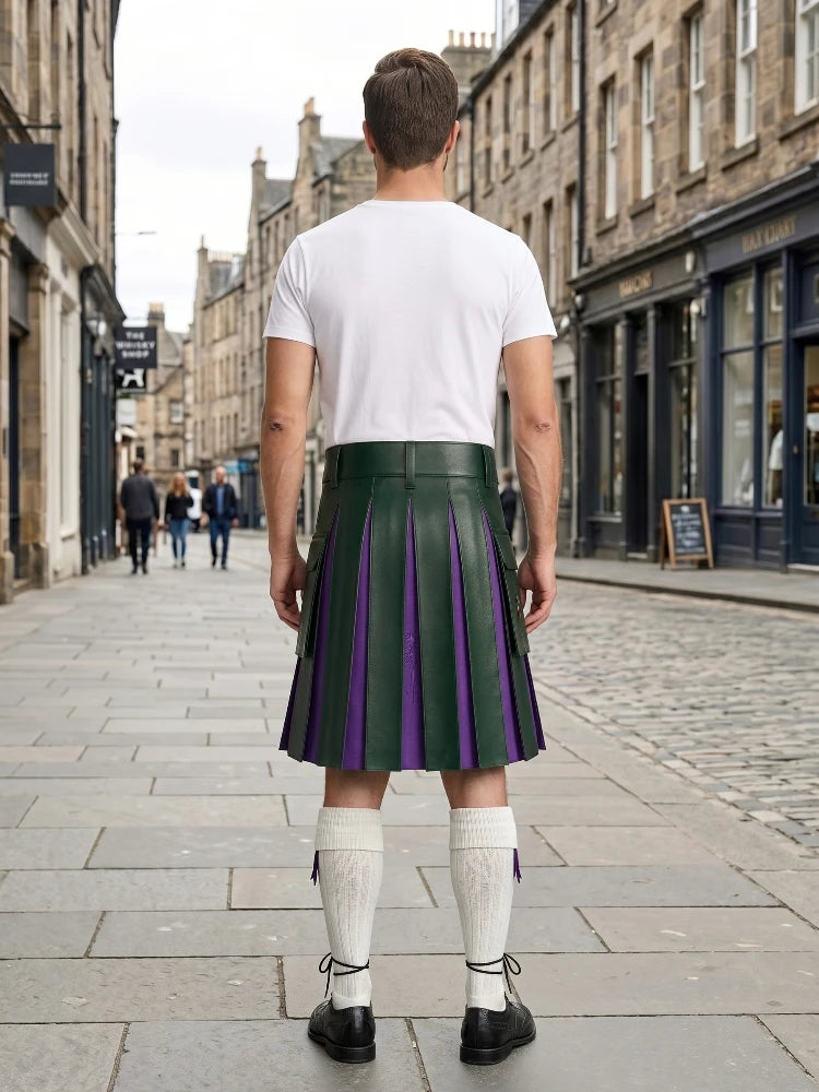 Dark Green Leather Kilt With Purple Pleats