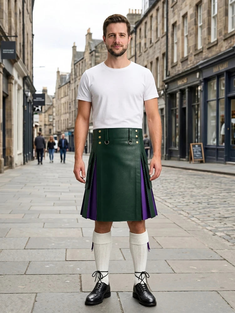 Dark Green Leather Kilt With Purple Pleats
