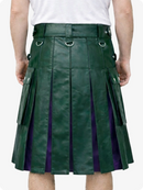Dark Green Leather Utility Kilt with Purple Pleats, Side Pockets & D-Ring Hardware