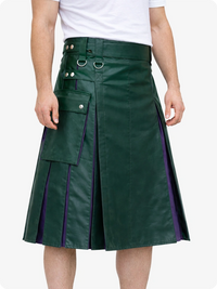 Dark Green leather kilt with purple accents on a white background