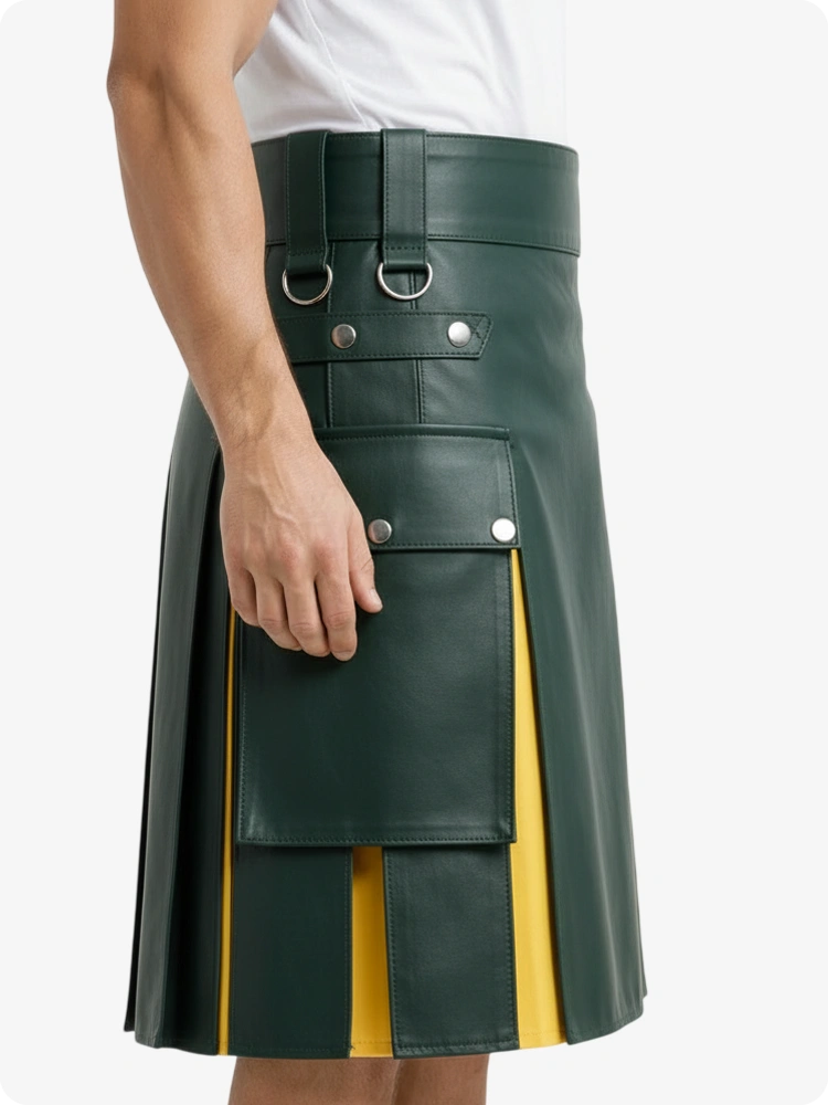 Dark Green & Yellow Leather Utility Kilt with Cargo Pockets