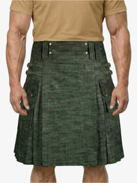 Green kilt worn by a person on a white background