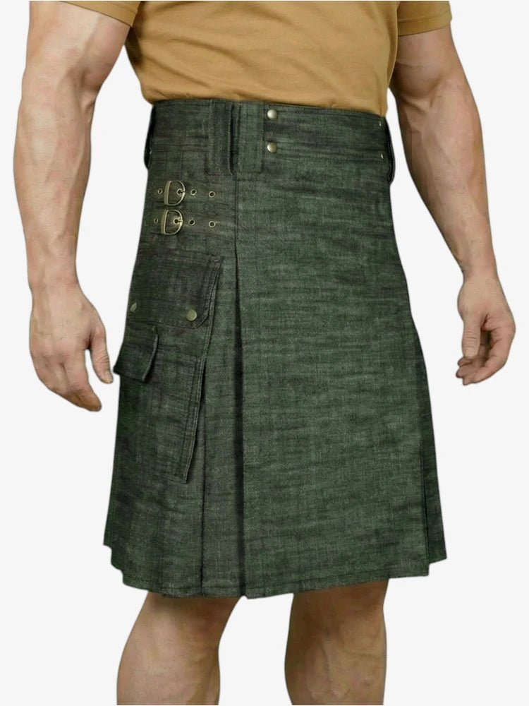 Dark Olive Denim Kilt with Cargo Pocket