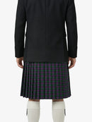 Person wearing a black coat and plaid kilt on a white background
