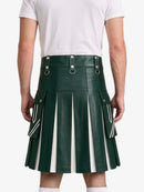 A dark green faux-leather kilt with white vertical pleats and silver hardware, modeled from the back against a white background.