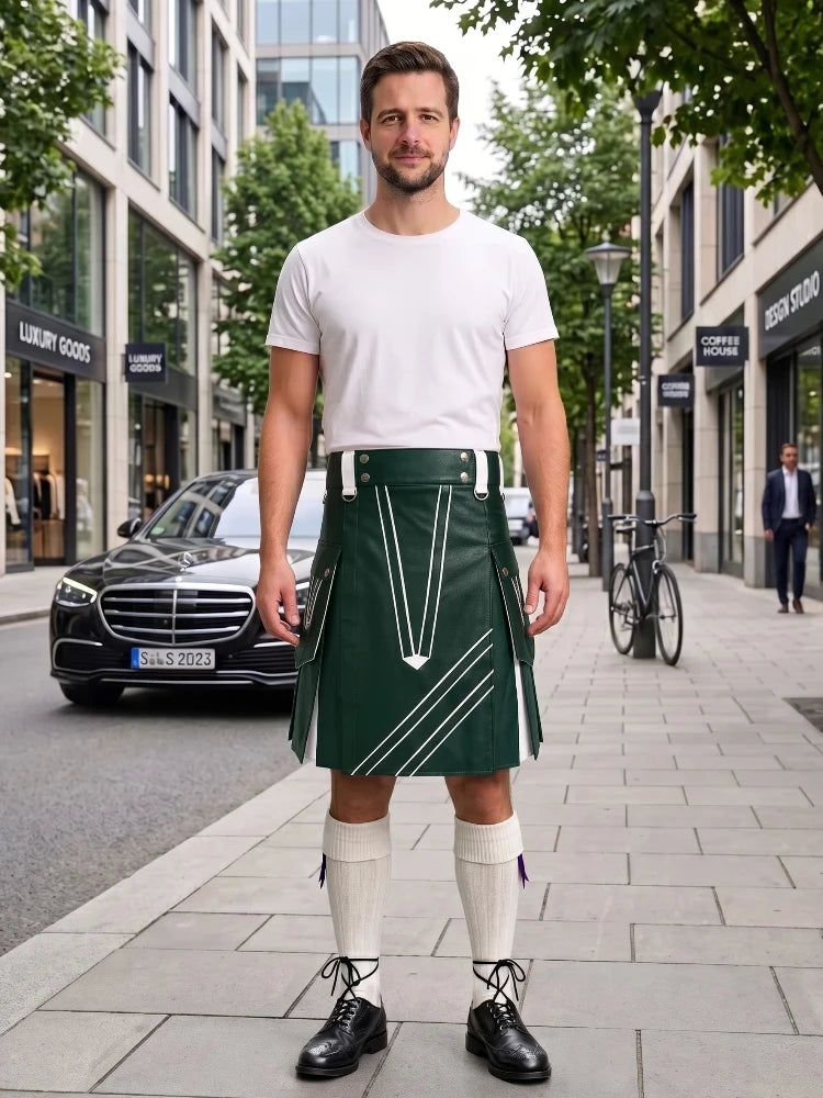 Drak Green and White Leather Hybrid Utility Kilt