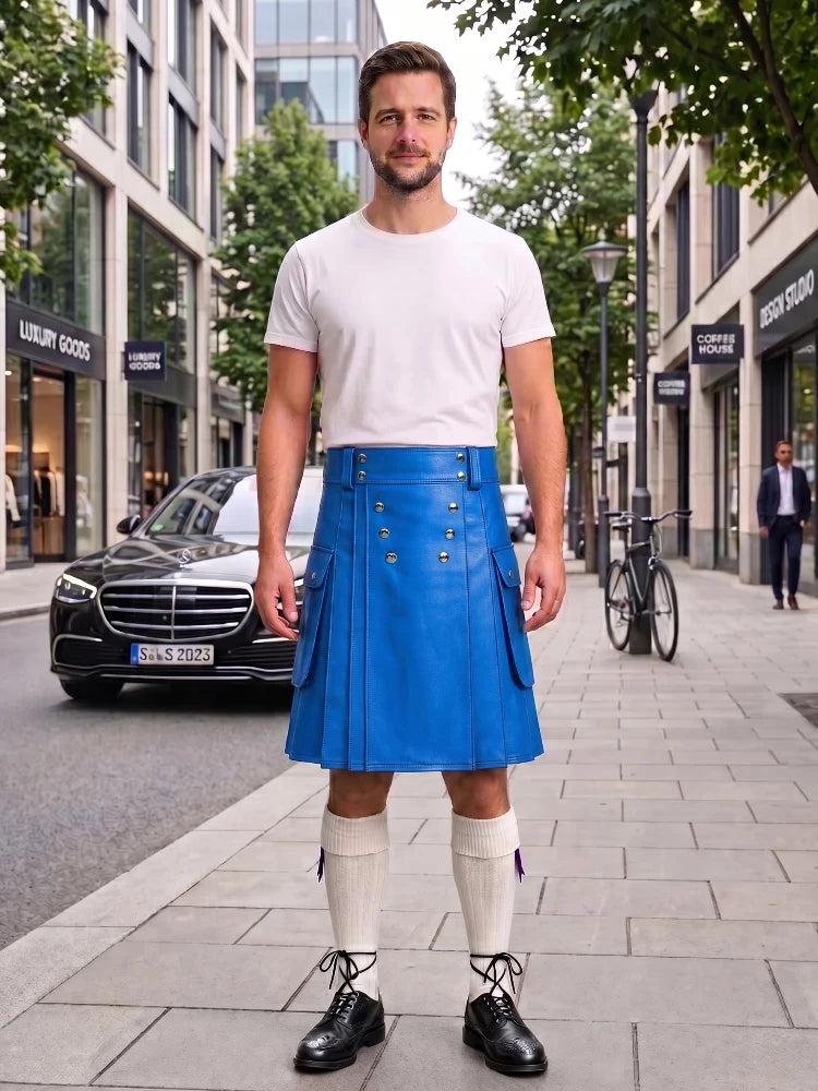 Electric Blue Cow Leather Utility Kilts for Men