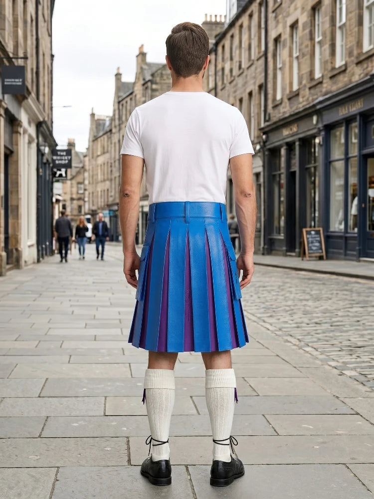 Electric Blue Leather Kilt With Purple Pleats