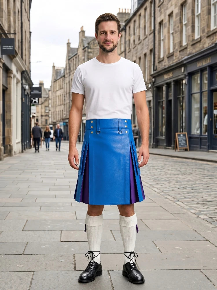 Electric Blue Leather Kilt With Purple Pleats