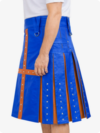Electric Blue kilt with brown accents on a white background