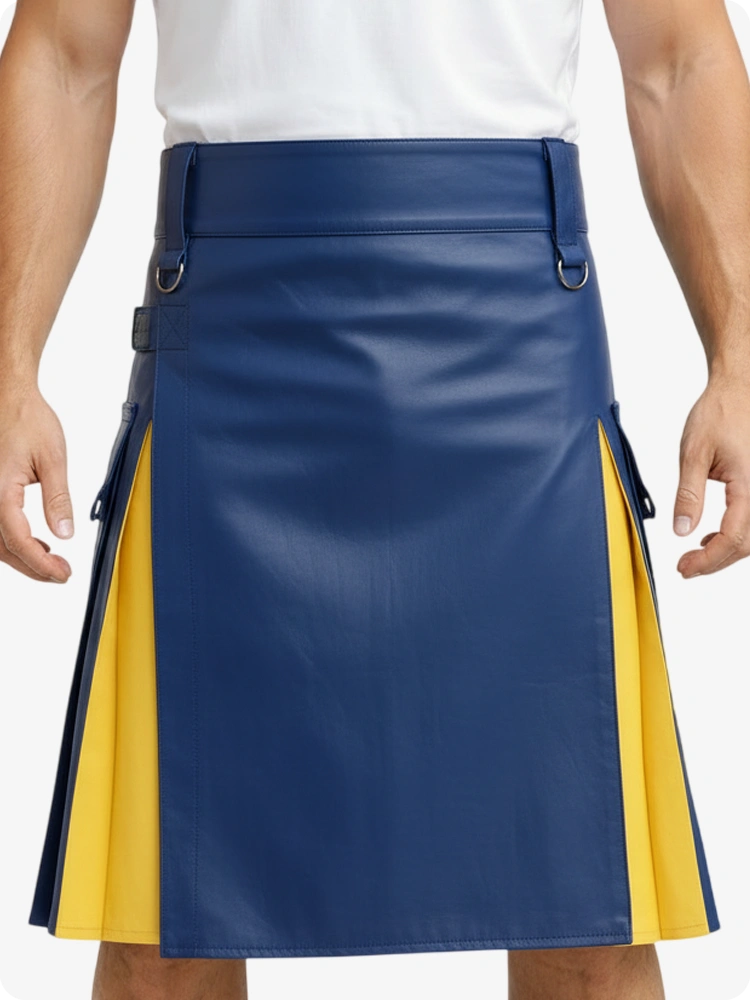 Electric Blue & Yellow Leather Utility Kilt with Cargo Pockets