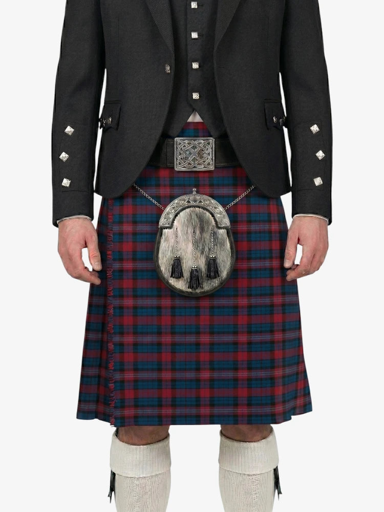 Person wearing a traditional Scottish kilt with a tartan pattern on a white background