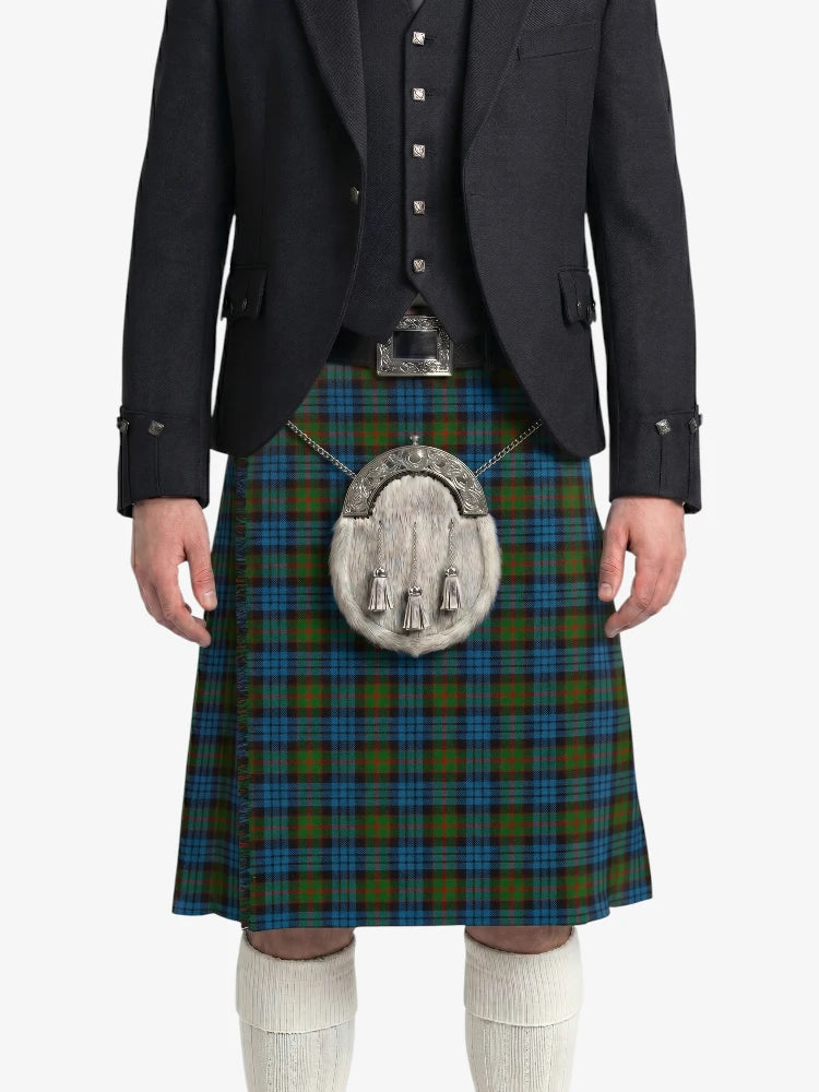 Person wearing a traditional Scottish kilt with a tartan pattern on a white background