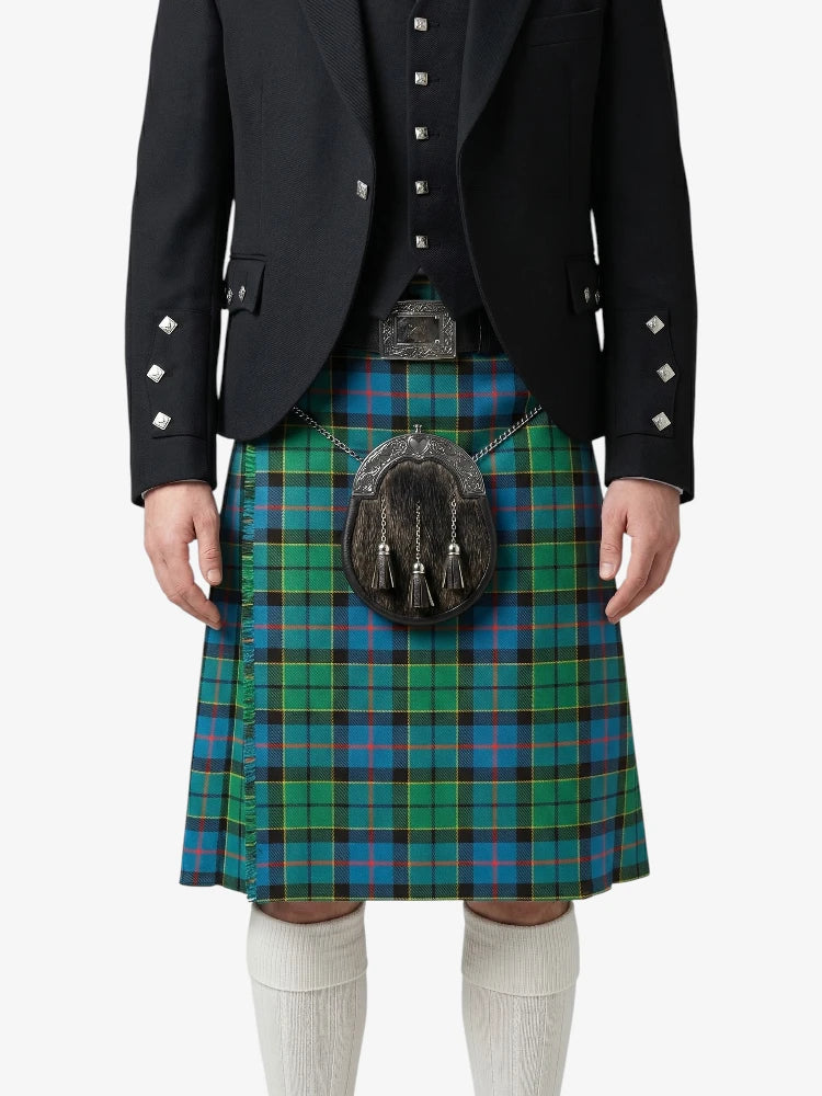 Person wearing a black jacket and green plaid kilt on a white background