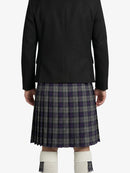 Person wearing a black jacket and plaid kilt on a white background