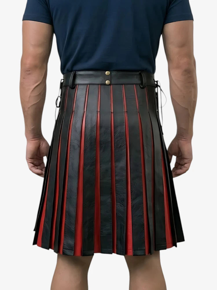 Person wearing a black and red pleated kilt on a white background
