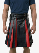 Person wearing a black and red kilt with gold buttons on a white background
