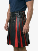 Black and red pleated kilt worn by a person on a white background