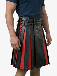 Person wearing a black and red striped kilt with gold buttons on a white background