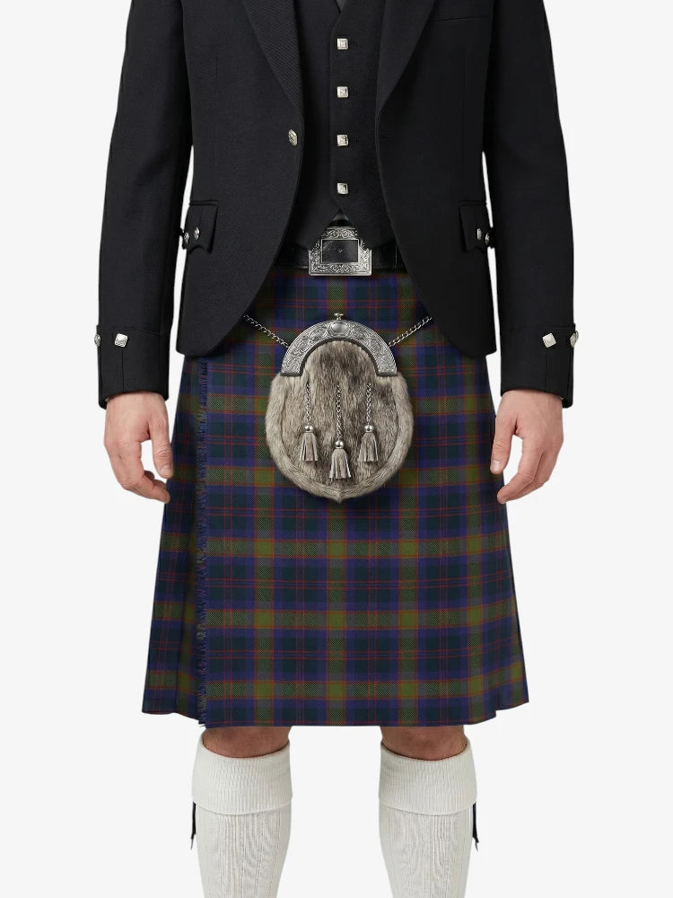 Person wearing a traditional Scottish kilt with a tartan pattern on a white background