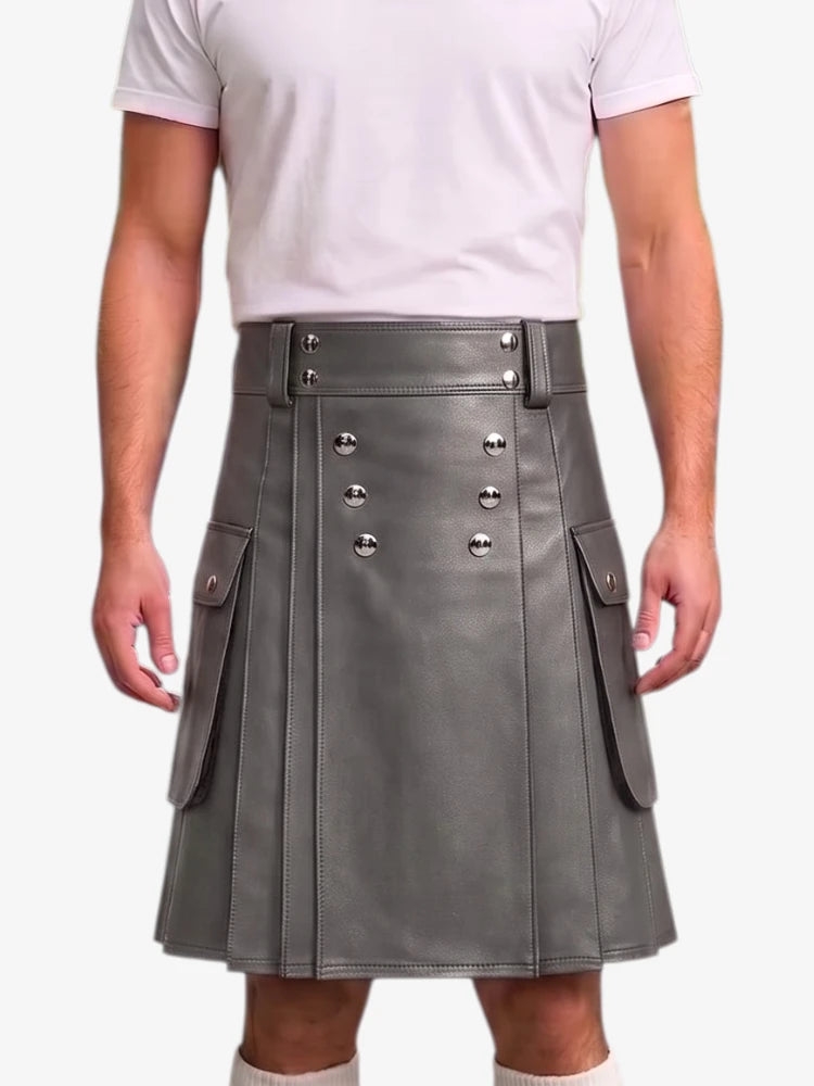 A gray faux-leather kilt with silver-tone metal buttons and side pockets, worn by a model in a white t-shirt against a light gray background.