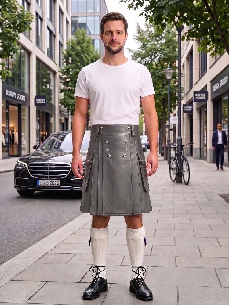 Grey Cow Leather Utility Kilts for Men
