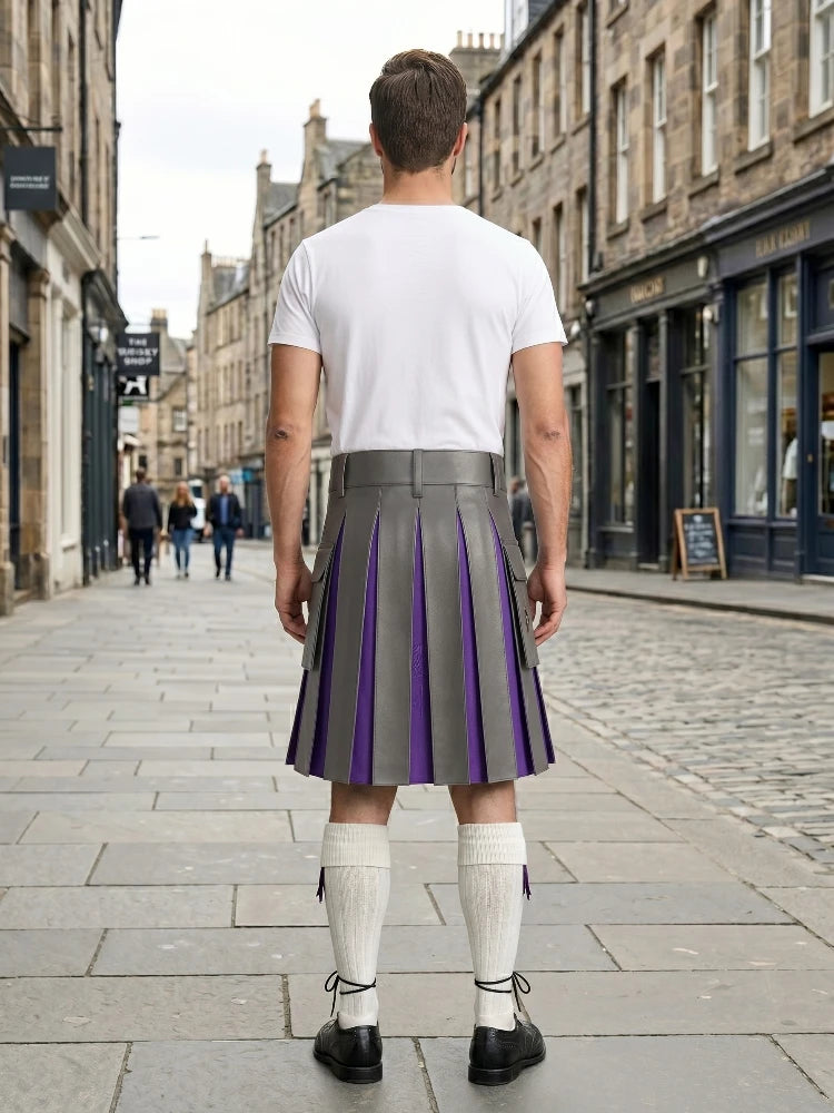 Grey Leather Kilt With Purple Pleats