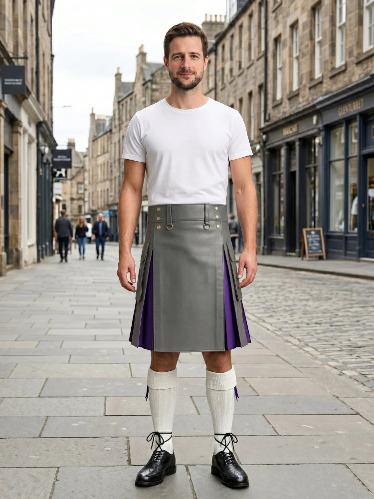 Grey Leather Kilt With Purple Pleats