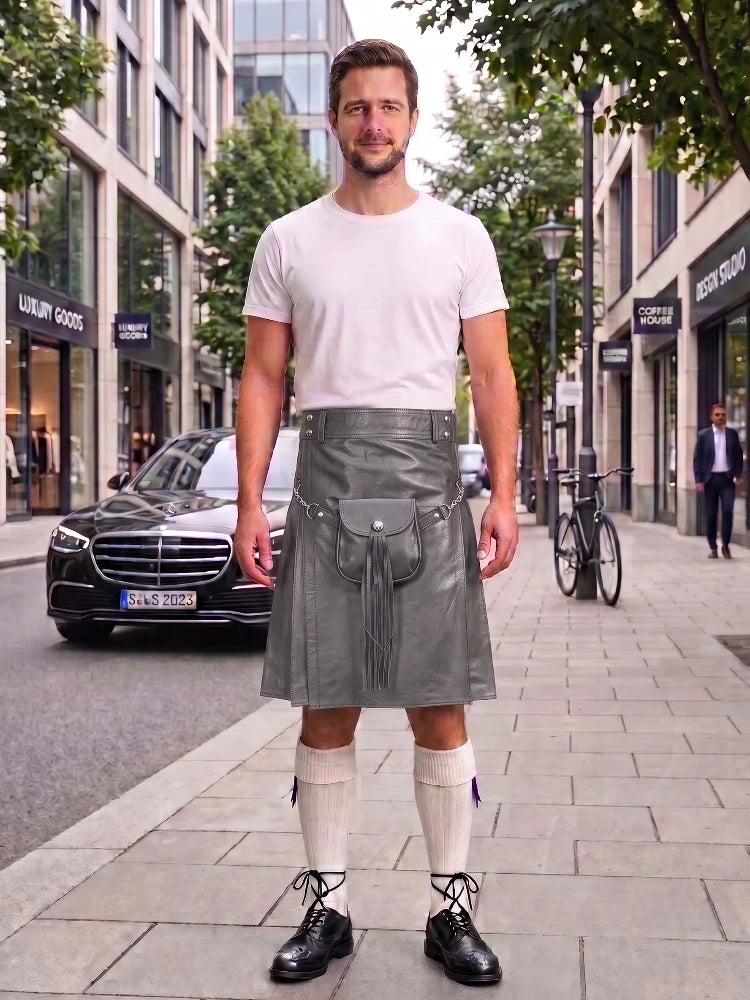 Grey Leather Utility Kilt with Sporran