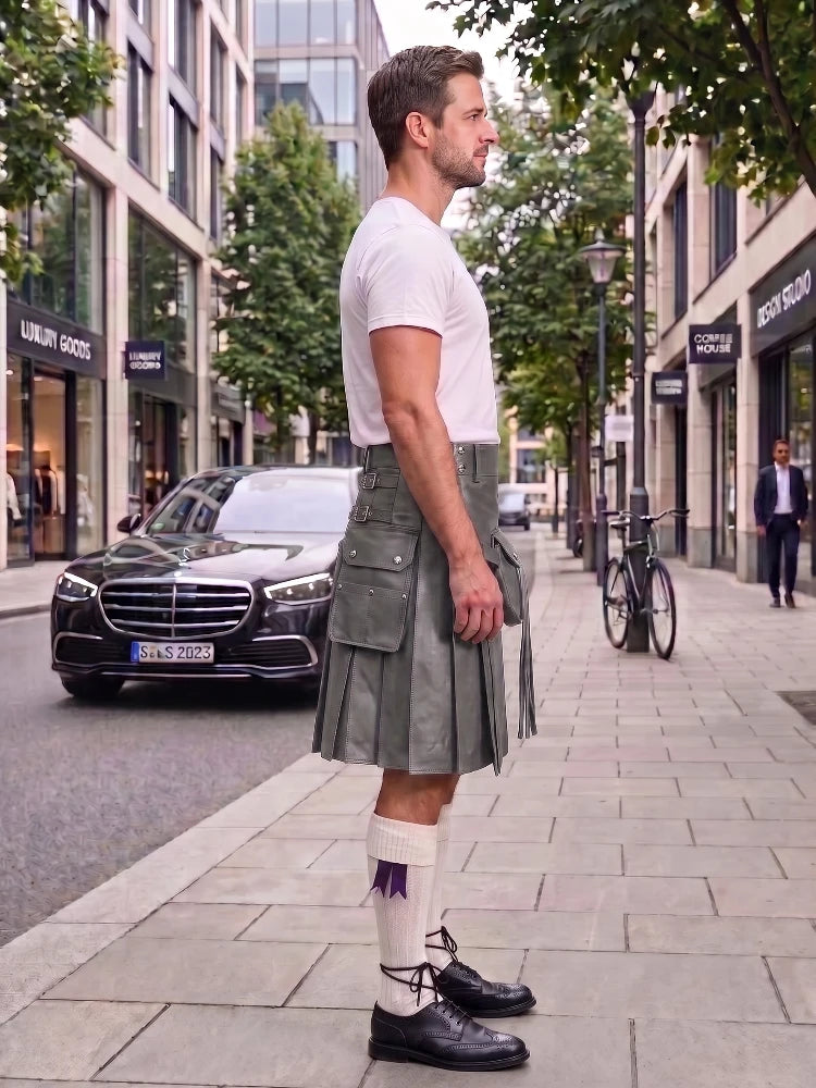 A man standing on a city sidewalk wearing a white short-sleeve t-shirt, a gray pleated kilt with multiple utility pockets, white knee-high socks with a purple accent, and black leather shoes. A black Mercedes-Benz car and a bicycle are visible in the background of the urban street scene.